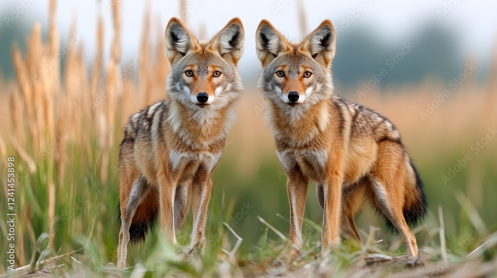 Obraz premium Two Coyotes Facing Camera in Grassy Field