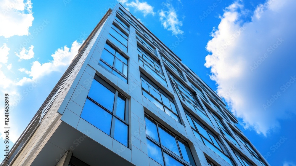 Modern building, city skyline, blue sky, clouds, low angle view, architectural design Modern building, city skyline, blue sky, clouds, low angle view, architectural design