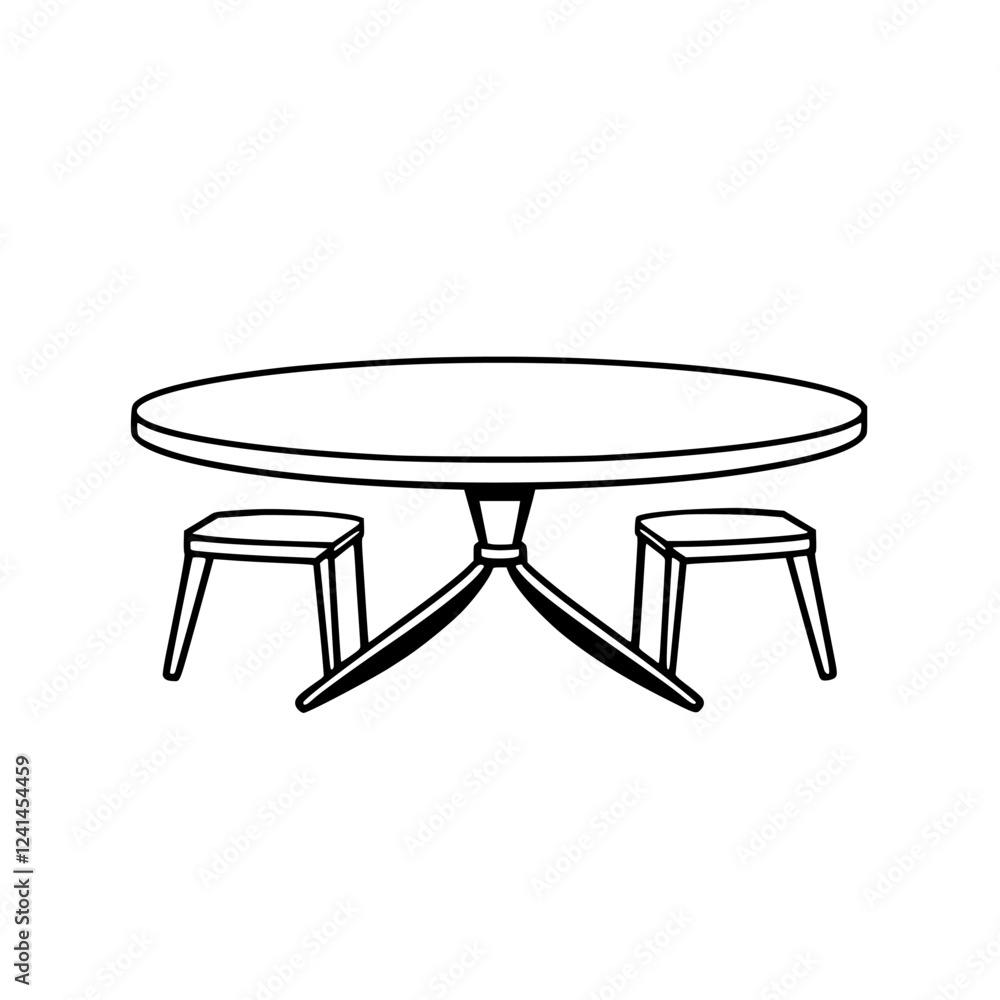 Modern minimalist home interior design: A simple line drawing of a round table and two chairs. Perfect for home decor, interior design, and minimalist art lovers.