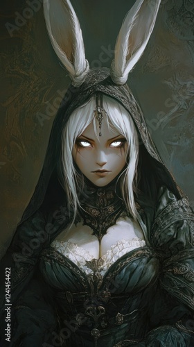 A captivating dark fantasy illustration of a woman with white eyes, bunny ears, and medieval attire, rendered in an anime-Caravaggism fusion. photo