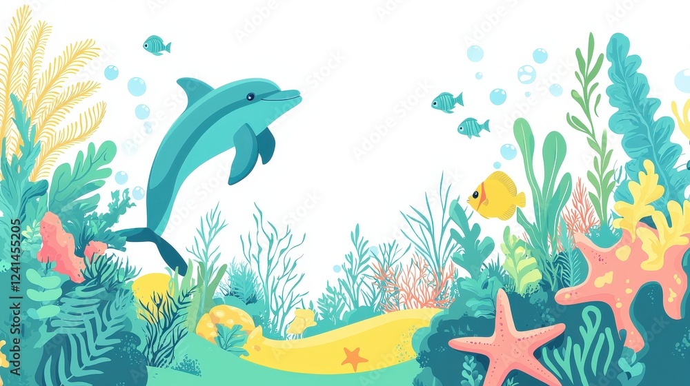Obraz premium Exciting Underwater Scene with Dolphin and Colorful Coral Reef Design for Creative Projects and Illustrations