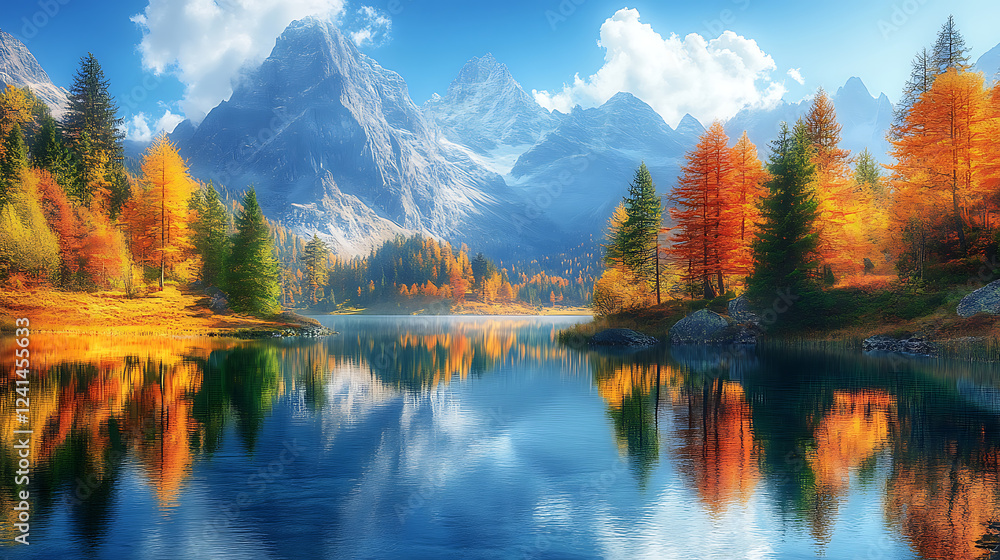 Serene Autumn Lake Reflected in Majestic Mountains Serene Autumn Lake Reflected in Majestic Mountains