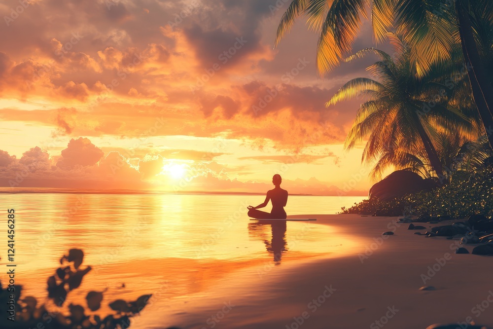 Fototapeta premium Serene meditation by the ocean at sunrise, peaceful.