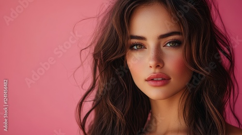 Wallpaper Mural young brunette woman on pink color background Torontodigital.ca