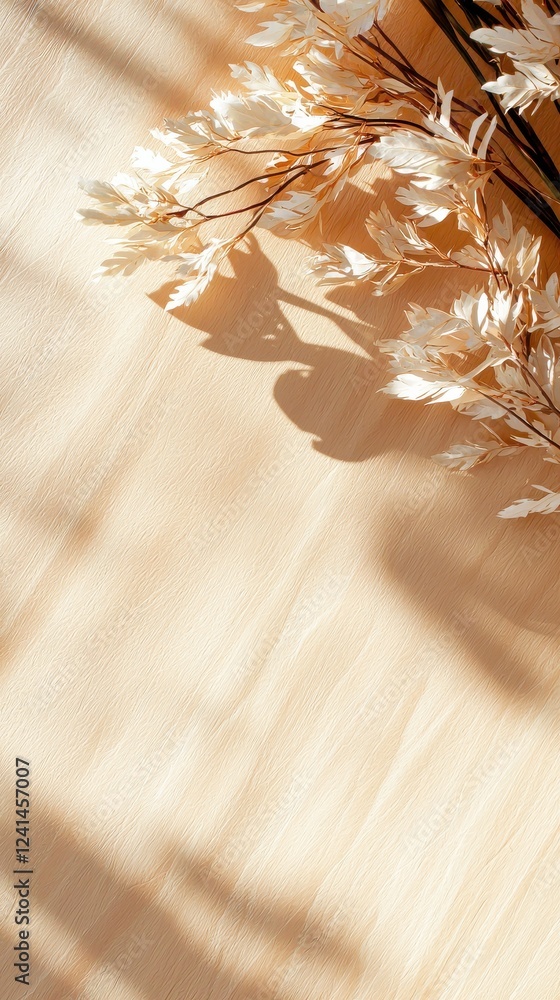Obraz premium Delicate shadow play of dried leaves on warm wooden surface indoor still life serene atmosphere