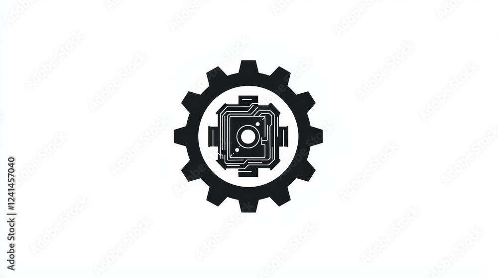 Obraz premium Minimalist Black and White Logo Design Featuring a Gear and Circuit Pattern on a Clean Background