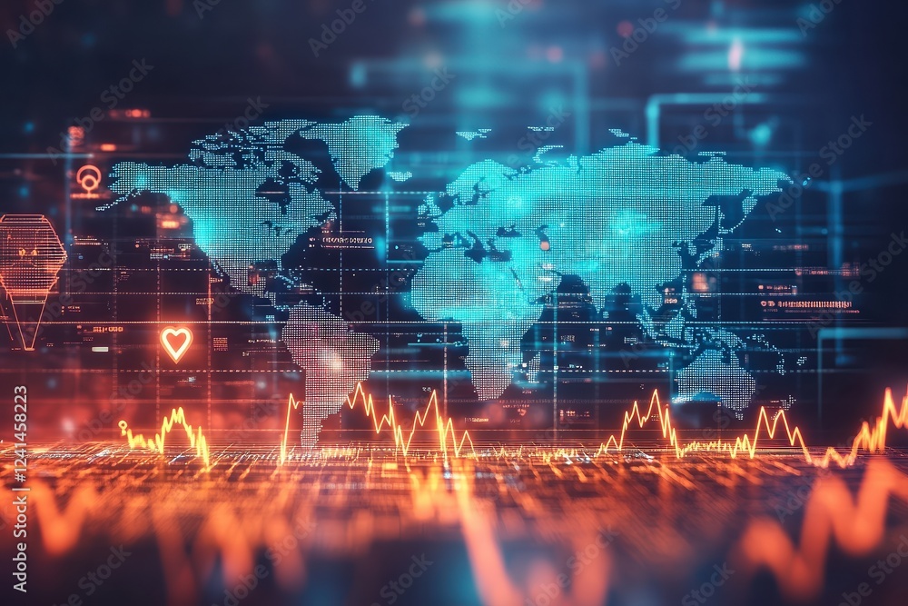 Digital world map with glowing data points and financial graphs. Abstract global network concept representing economics, markets, and futuristic technology. Digital world map with glowing data points and financial graphs. Abstract global network concept representing economics, markets, and futuristic technology.
