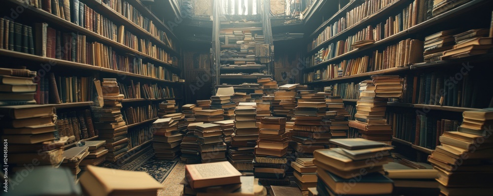 Obraz premium Overflowing library bookshelves, old building, staircase, education