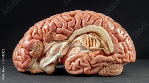 Human brain model, sagittal section, anatomy study, dark background, medical education photo