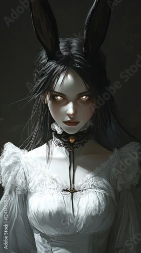 A detailed dark fantasy illustration of a woman with light white eyes, a medieval white dress, and black bunny ears in Caravaggism lighting. photo