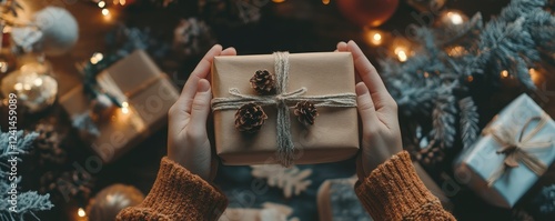 Hands holding a wrapped gift with string bow photo