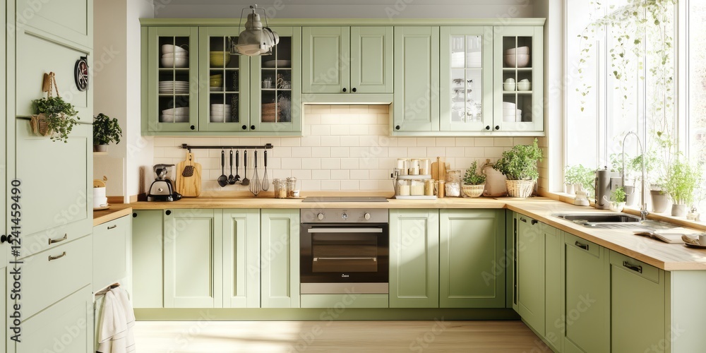 Elegant Sage Green Kitchen With Wooden Countertops Elegant Sage Green Kitchen With Wooden Countertops