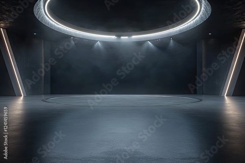 A group of abstract futuristic architectural designs with an empty concrete floor, meant for car presentation spaces