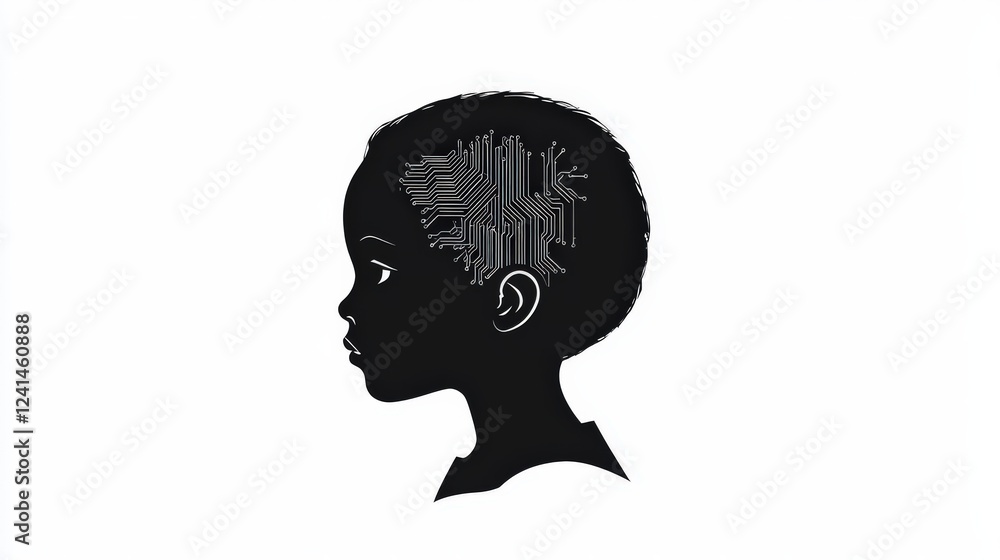 Minimalist Black and White Logo Design Featuring Circuitry Inside a Child's Head on Clean Background Minimalist Black and White Logo Design Featuring Circuitry Inside a Child's Head on Clean Background