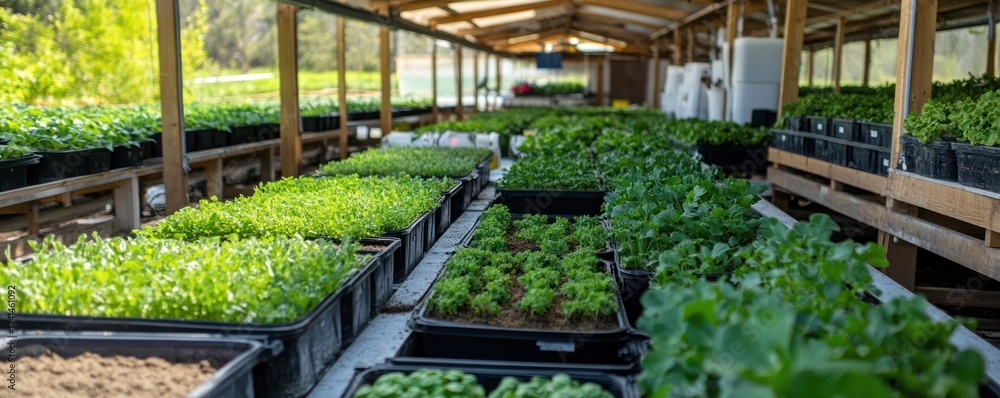Greenhouse seedling nursery rows, outdoor background, plant cultivation Greenhouse seedling nursery rows, outdoor background, plant cultivation