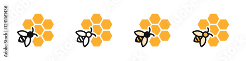 Bee on honeycomb icons set. Honey bee animal symbol. Vector illustration.