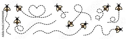 Honey bee flying on a dotted route. Bee symbol collection. Vector illustration.