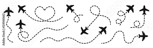 Airplane routes set. Plane tracking, planes, travel. Vector illustration.