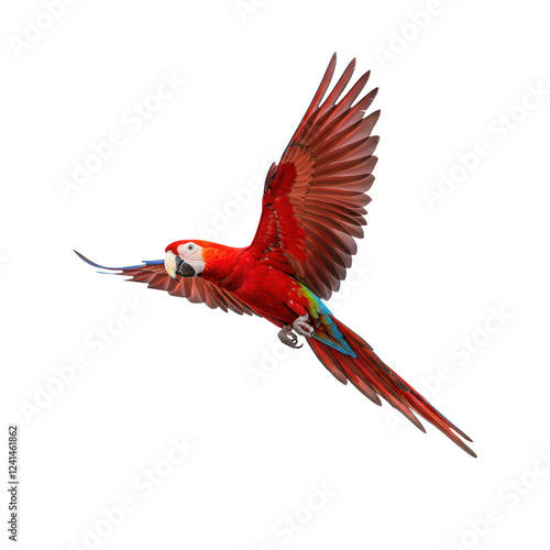 Colorful Scarlet Macaw Parrot Flying Majestically With Extended Wings in Transparent Background photo