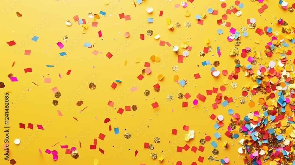 Colorful confetti and streamers floating in the air on a yellow background. The concept of a holiday, party, or special event. Colorful confetti and streamers floating in the air on a yellow background. The concept of a holiday, party, or special event.