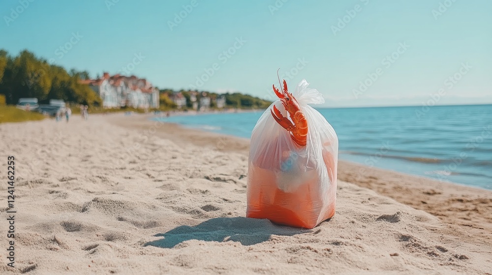 Red Lobster Shells in Transparent Bag on Sandy Beach by Ocean Water Red Lobster Shells in Transparent Bag on Sandy Beach by Ocean Water