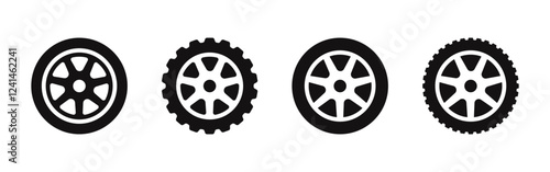 Black rubber wheel tire icons set. Automobile wheels silhouette collection. Vector illustration.