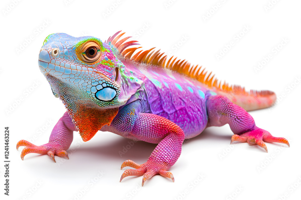 Obraz premium Rainbow colors reptilian Iguana sitting on white backdrop