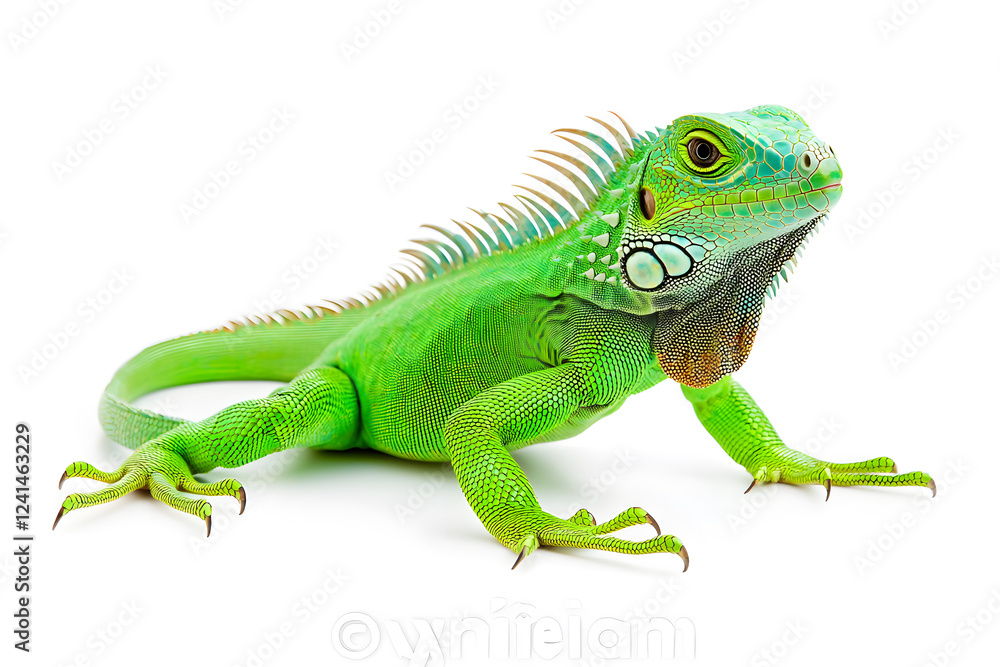 Fototapeta premium Rainbow colors reptilian Iguana sitting on white backdrop