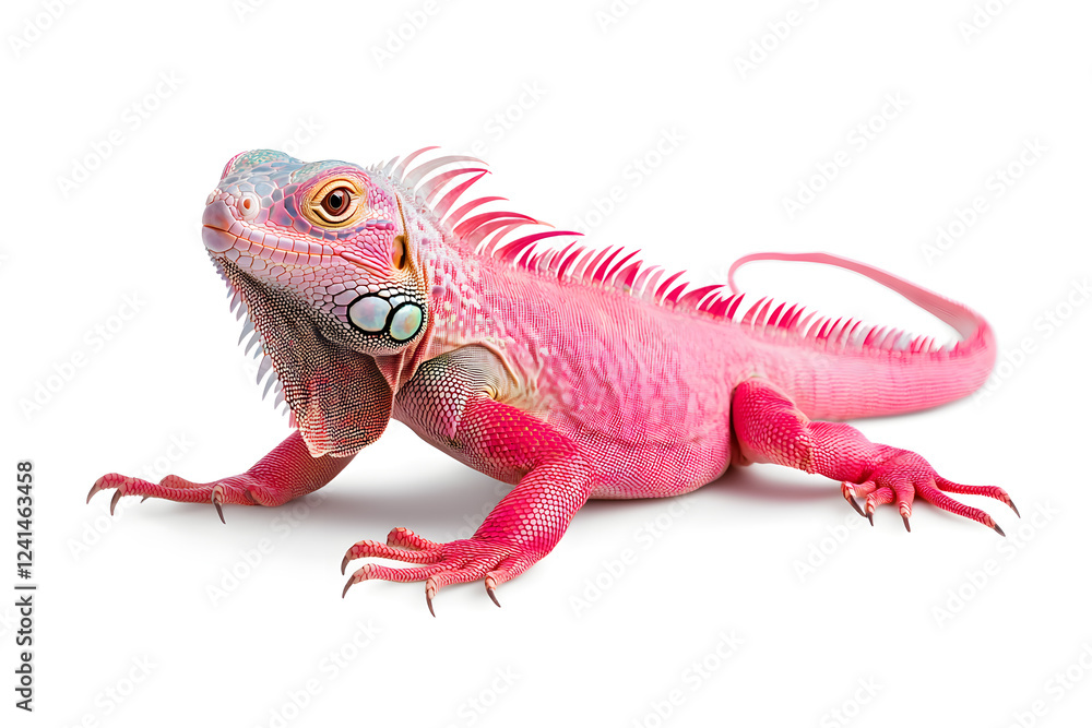 Rainbow colors reptilian Iguana sitting on white backdrop Rainbow colors reptilian Iguana sitting on white backdrop