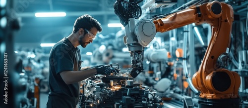 Factory worker with robotic arm, assembly line background, industrial automation