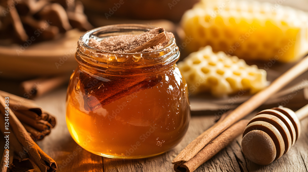Honey infused with cinnamon and used as a topping for vanilla ice cream. Honey infused with cinnamon and used as a topping for vanilla ice cream.
