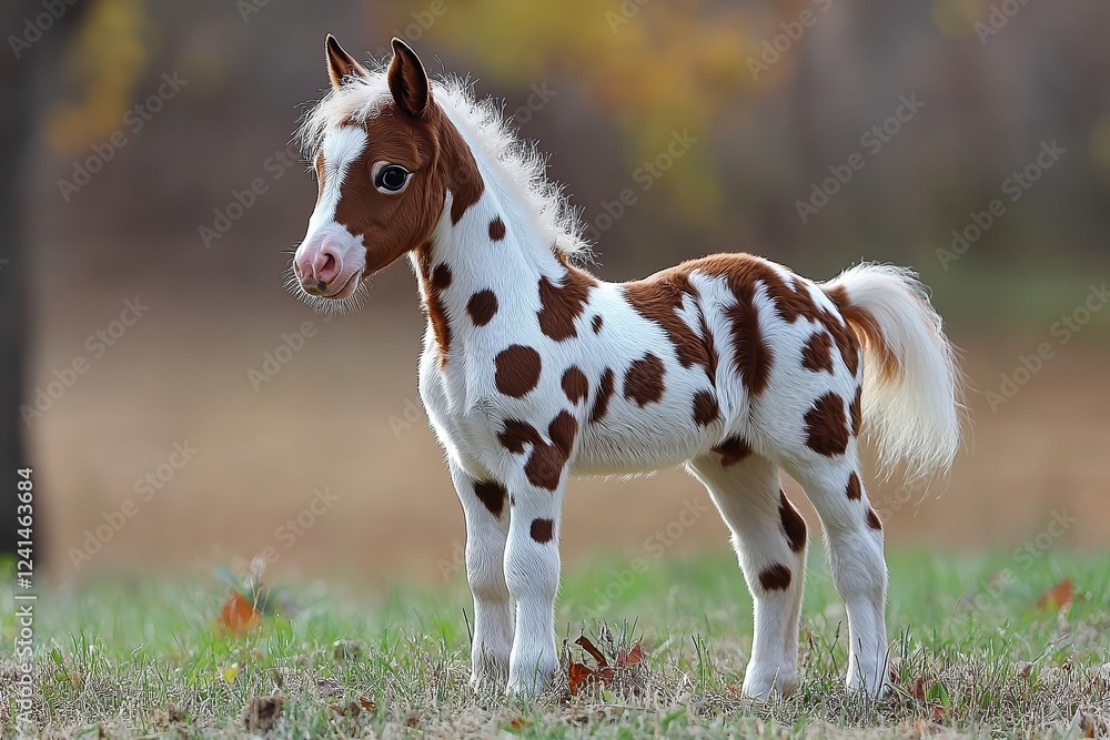 Brown and white pinto pony standing on green grass with soft autumn foliage in background, showcasing beautiful coat pattern, fluffy tail, and alert eyes in natural outdoor setting.
Brown and white pinto pony standing on green grass with soft autumn foliage in background, showcasing beautiful coat pattern, fluffy tail, and alert eyes in natural outdoor setting.
