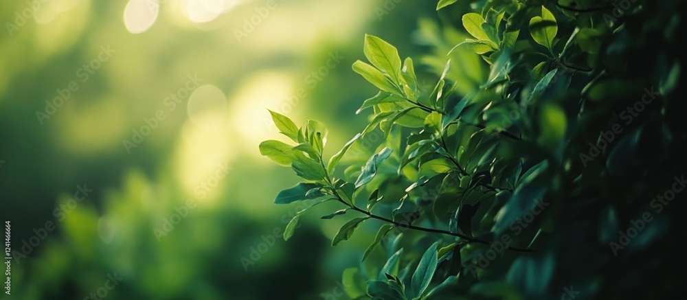 Sunrise foliage, garden bokeh background, nature website banner Sunrise foliage, garden bokeh background, nature website banner