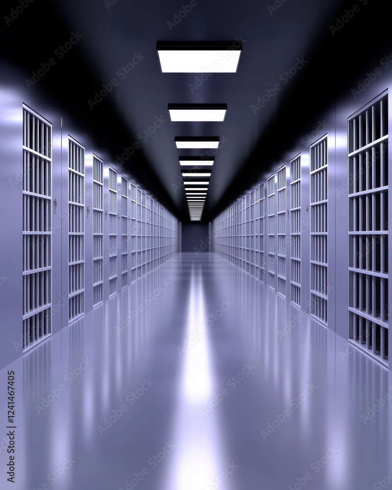 Fototapeta premium A long, empty hallway in a modern prison with rows of bars and fluorescent lights illuminating the space.