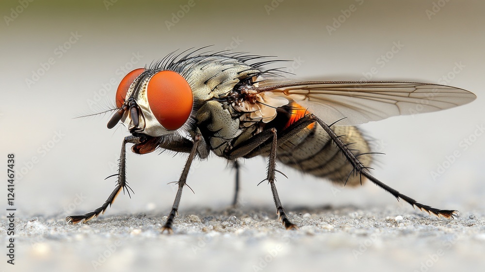 Close-Up of a Fly with Distinctive Orange Eyes on a Surface Close-Up of a Fly with Distinctive Orange Eyes on a Surface