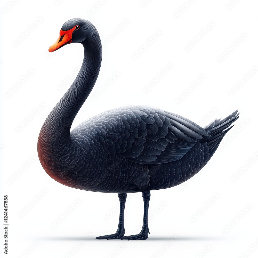 Fototapeta premium Elegant Black Swan Bird Illustration Detailed Profile View Isolated on White Background
