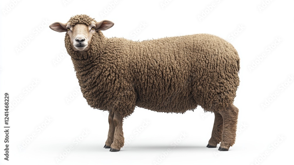 Cute Brown Sheep with Thick Wool Fur Standing on White Background Cute Brown Sheep with Thick Wool Fur Standing on White Background