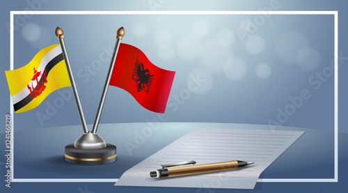 Brunei and Albania National flags on small table with bokeh background, cooperative relationship