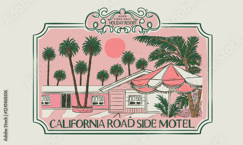 Palm tree with swimming pool colorful retro print artwork. America vintage resort artwork. Palm springs watercolor graphic print design for t shirt print, poster, sticker, background and other uses.