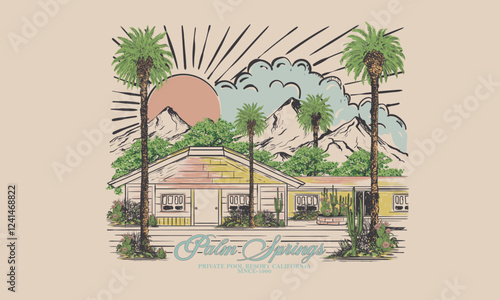 Holiday resort design. Palm springs watercolor graphic print design for t shirt print, poster, sticker, background and other uses.
