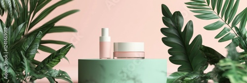 Elegant Skincare Products Display with Tropical Plants