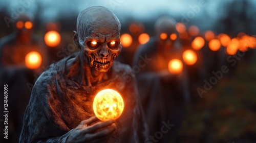 A menacing display of undead figures stands in a shadowy setting, each clutching glowing orbs, provoking feelings of dread and curiosity within a mystical landscape. photo