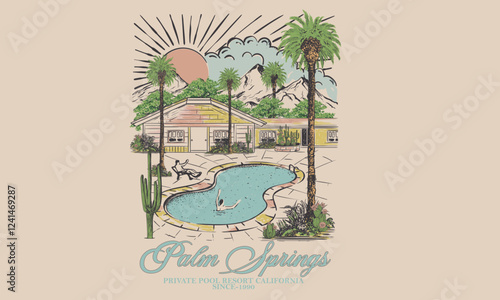 America vintage resort artwork. Palm springs watercolor graphic print design for t shirt print, poster, sticker, background and other uses. Palm tree with swimming pool colorful retro print artwork.
