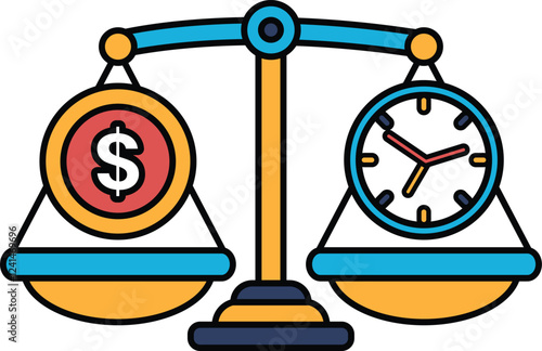 A scale with a dollar sign on one side and a clock on the other
