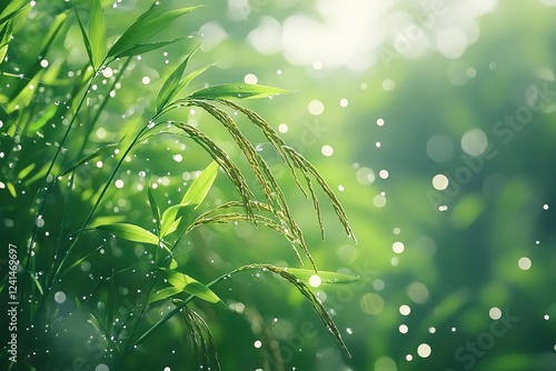  Tall, vibrant green rice stalks with delicate golden tips sway gently in the wind, creating a mesmerizing natural rhythm. photo