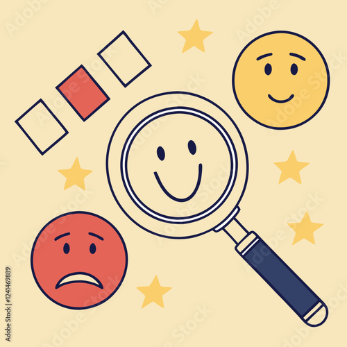 A magnifying glass focuses on smile face among different feedback emoticons on yellow background. feedback survey concept to gather insights and improve its services.