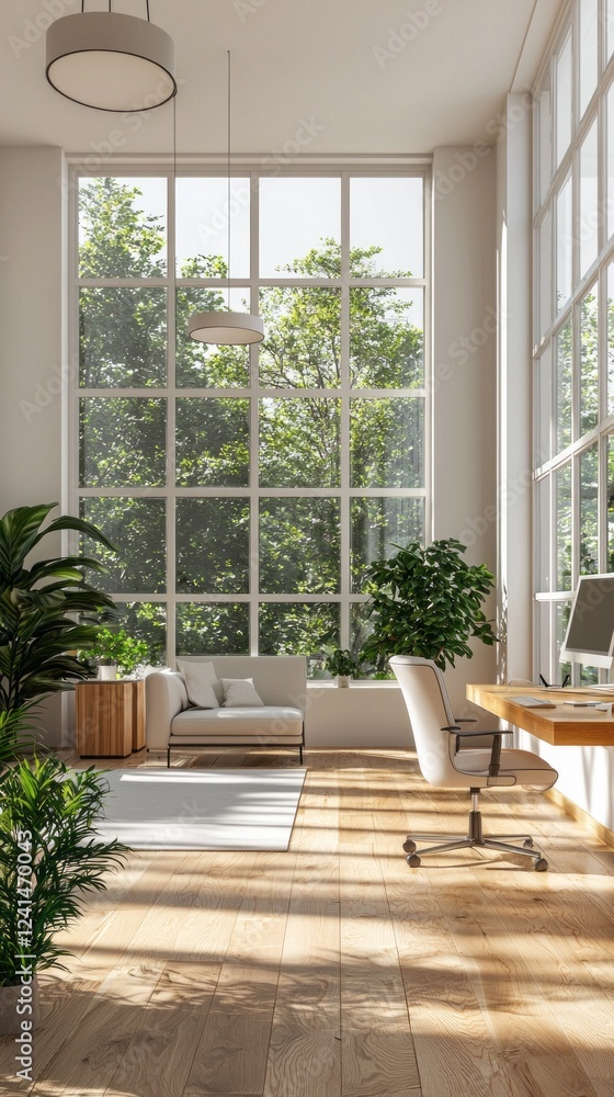Sunlight floods a stylish workspace adorned with lush plants and contemporary furniture. Large windows offer a serene view of greenery, blending nature with productivity beautifully Sunlight floods a stylish workspace adorned with lush plants and contemporary furniture. Large windows offer a serene view of greenery, blending nature with productivity beautifully