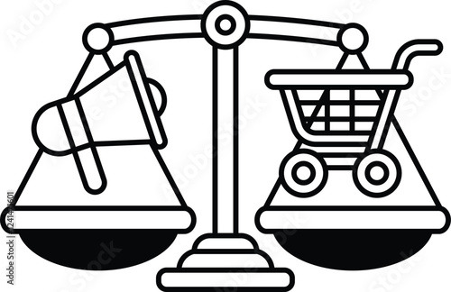 A scale with a shopping cart on one side and a megaphone on the other