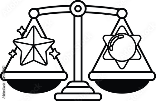 A black and white drawing of a scale with a star on one side