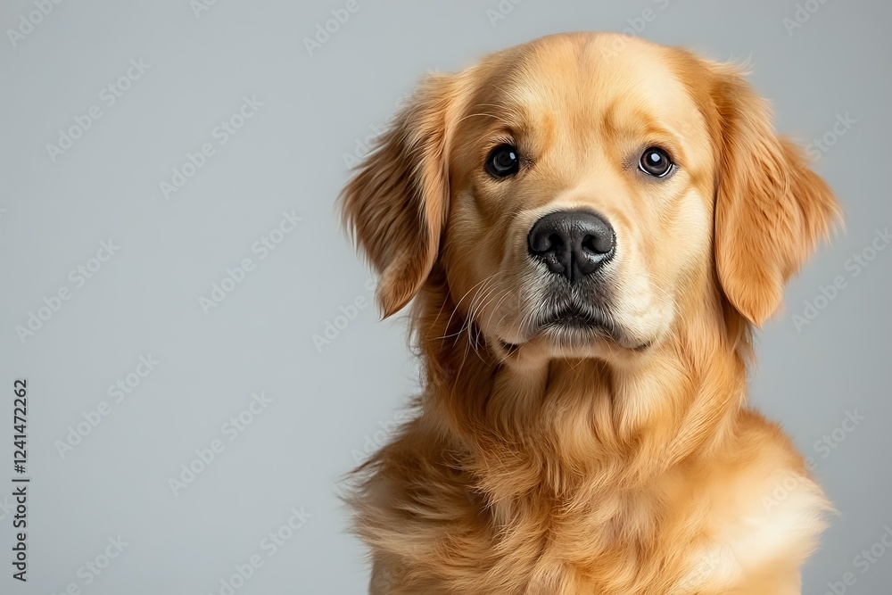 Golden retriever dog with soft fur and gentle expression looking at camera against gray background, studio portrait showing loyal companion pet. Golden retriever dog with soft fur and gentle expression looking at camera against gray background, studio portrait showing loyal companion pet.